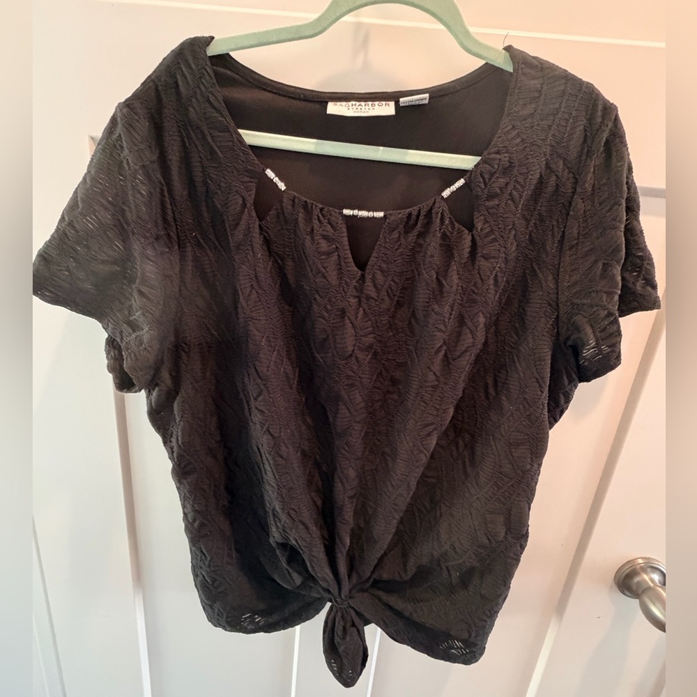 Sag Harbor 1X Black Textured Tie Front Blouse Beaded Neck Plus Size Top